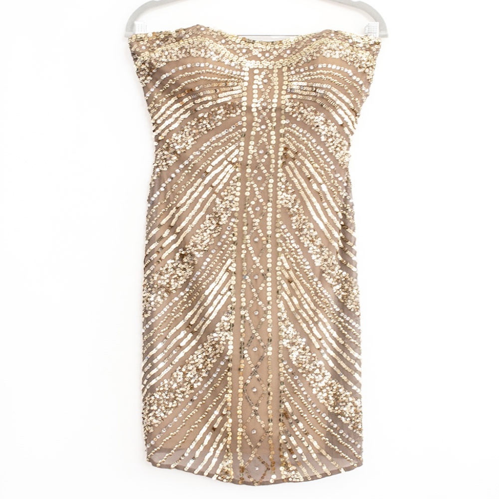 Scala Gold Silk Beaded Strapless Cocktail Dress Size 4 Lined W/Bra Insert Mini